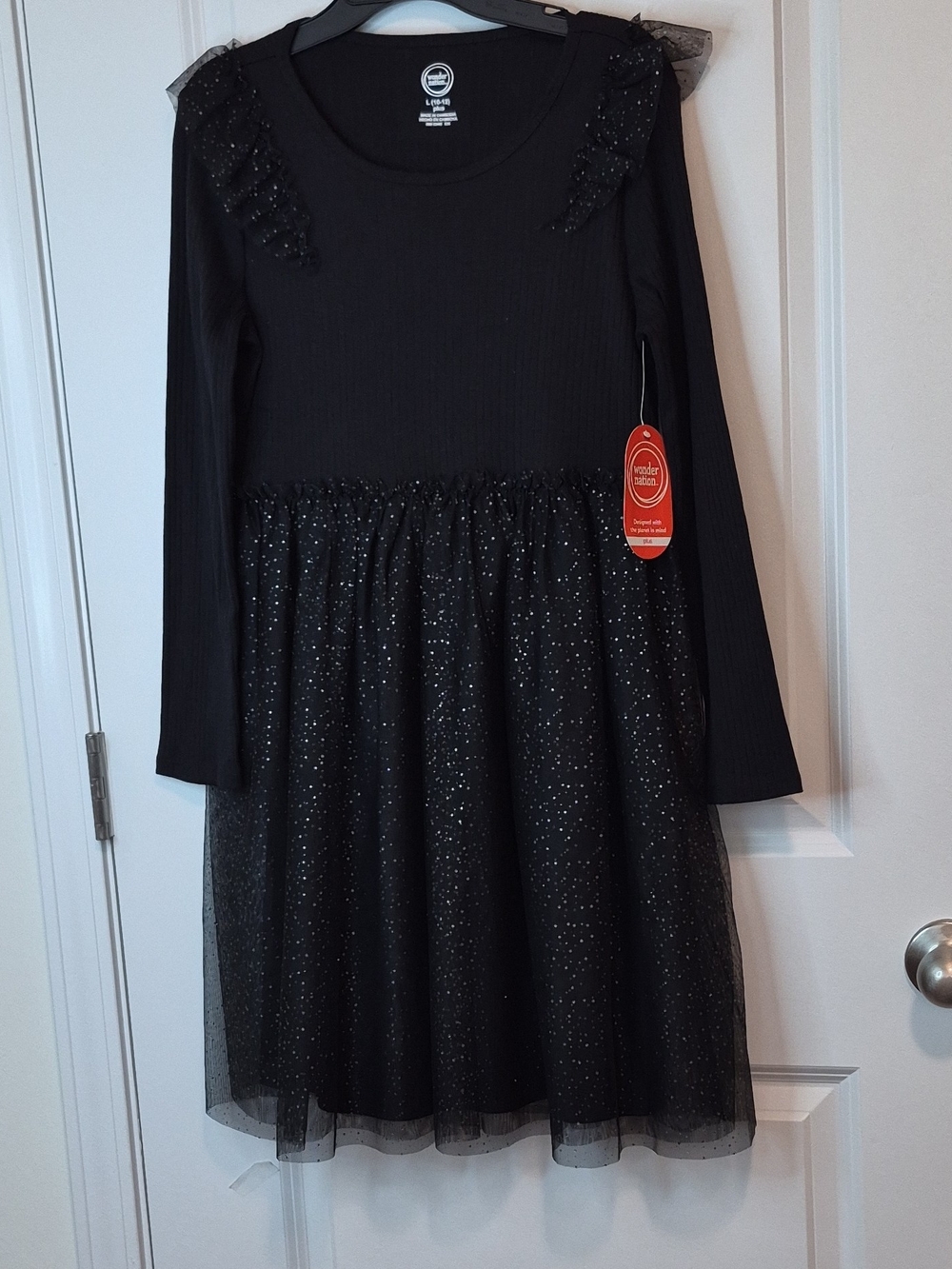 Wonder Nation Black Long-Sleeve Glitter Tulle Party Dress - Girls Size L